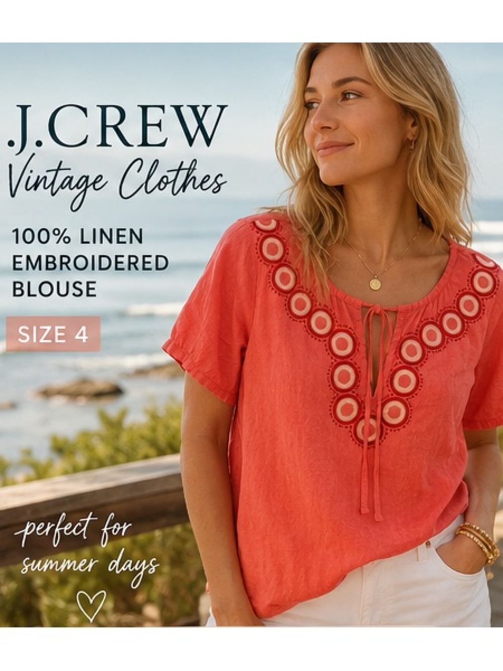 J.Crew Vintage Clothes 100% Linen Coral Embroidered Peasant Blouse Size 4 Boho